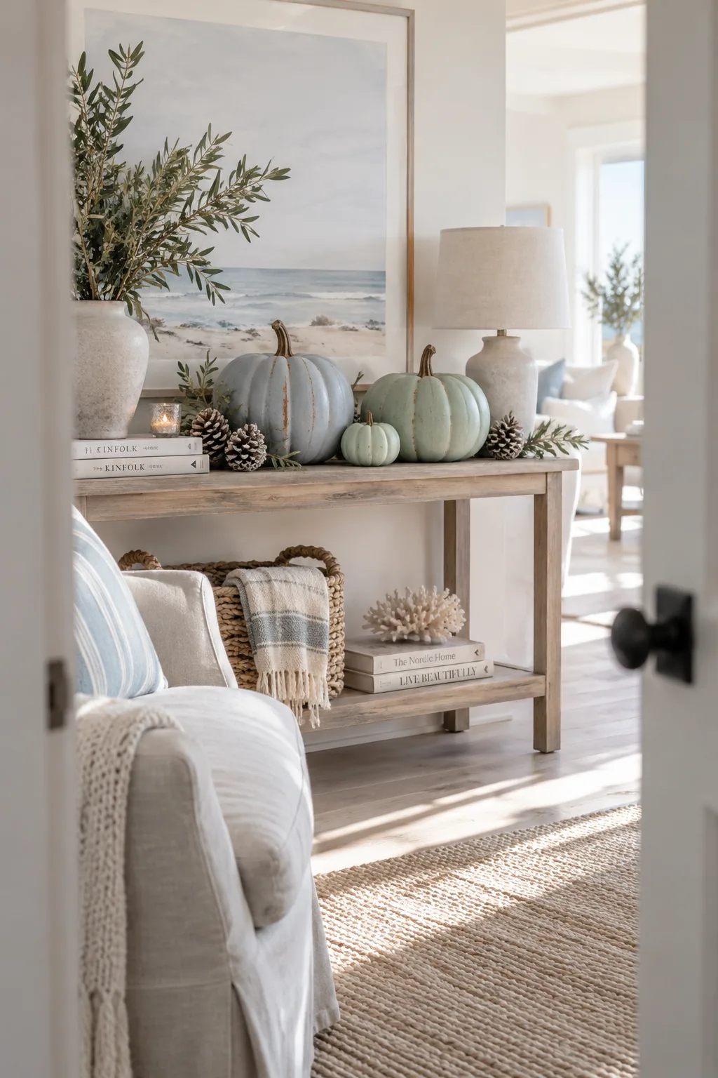 Pumpkins painted in pale sea glass green and slate blue on a light oak console