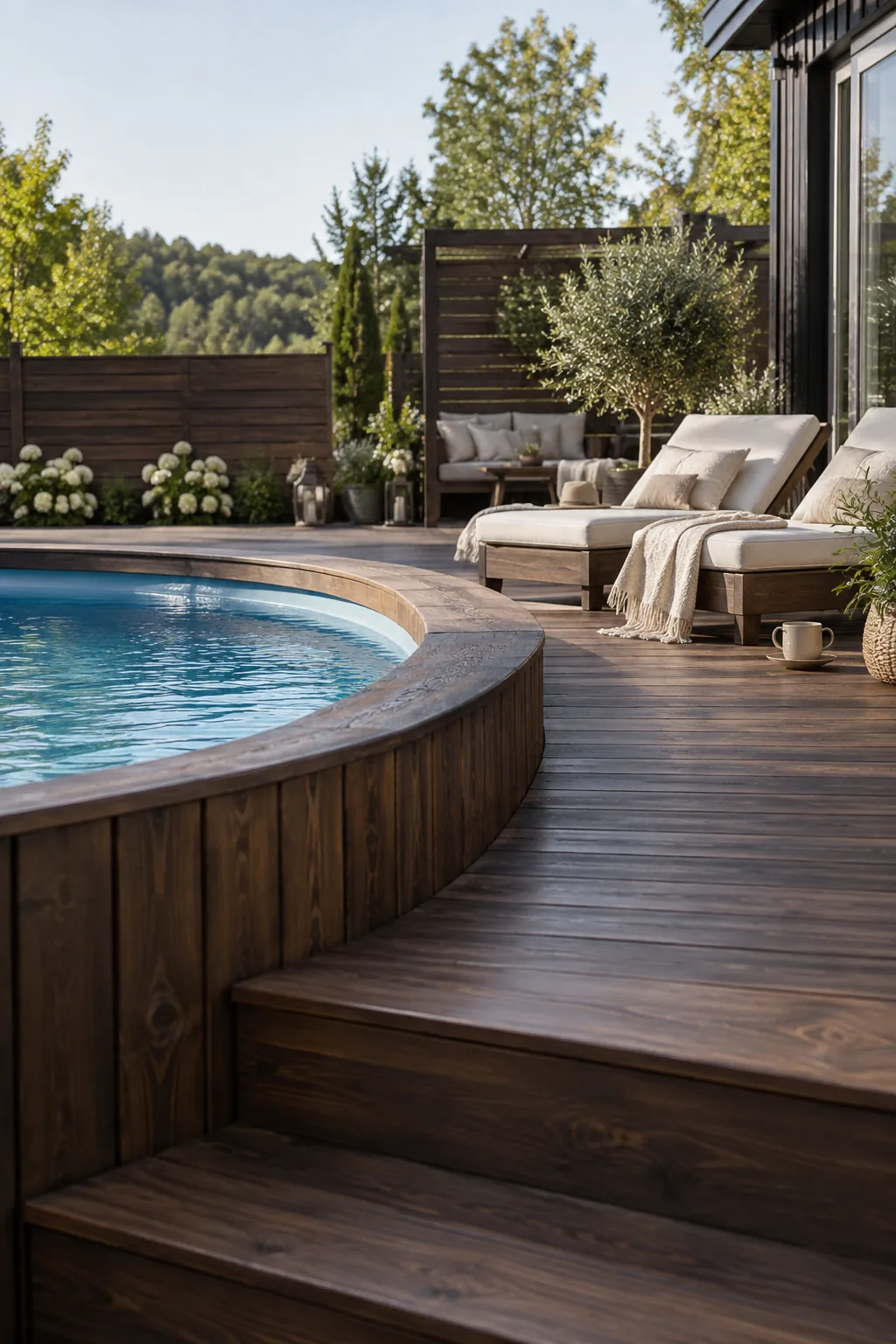 Above ground pool surrounded by a dark stained wooden deck with lounge chairs