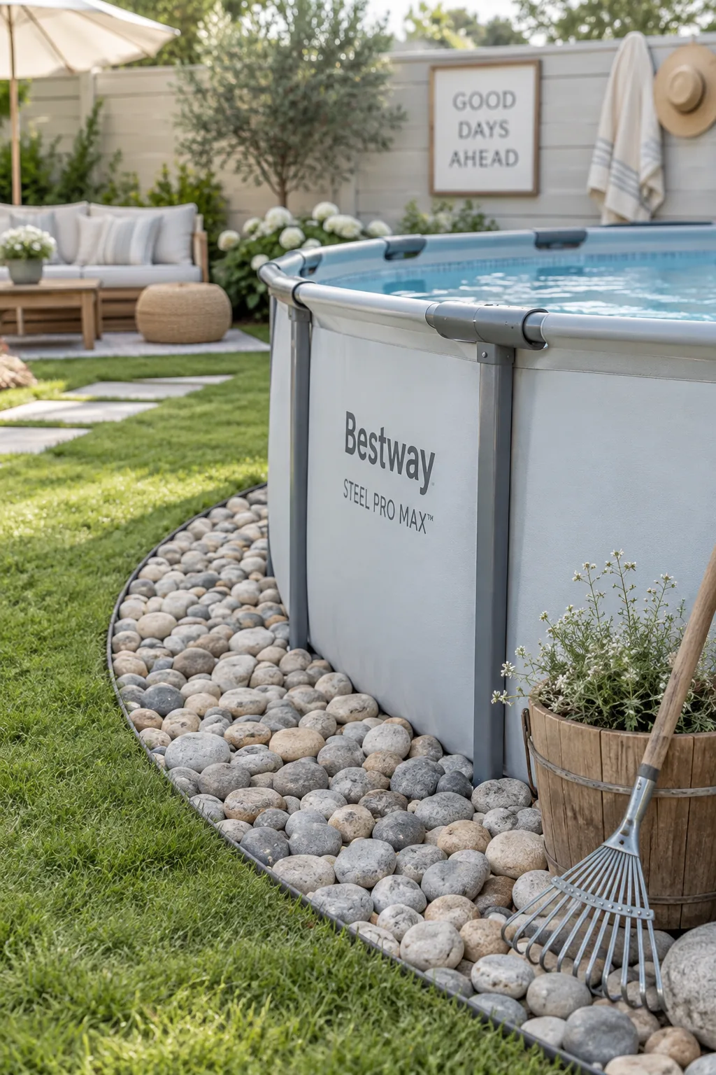 Smooth river rocks bordering the base of an above ground pool