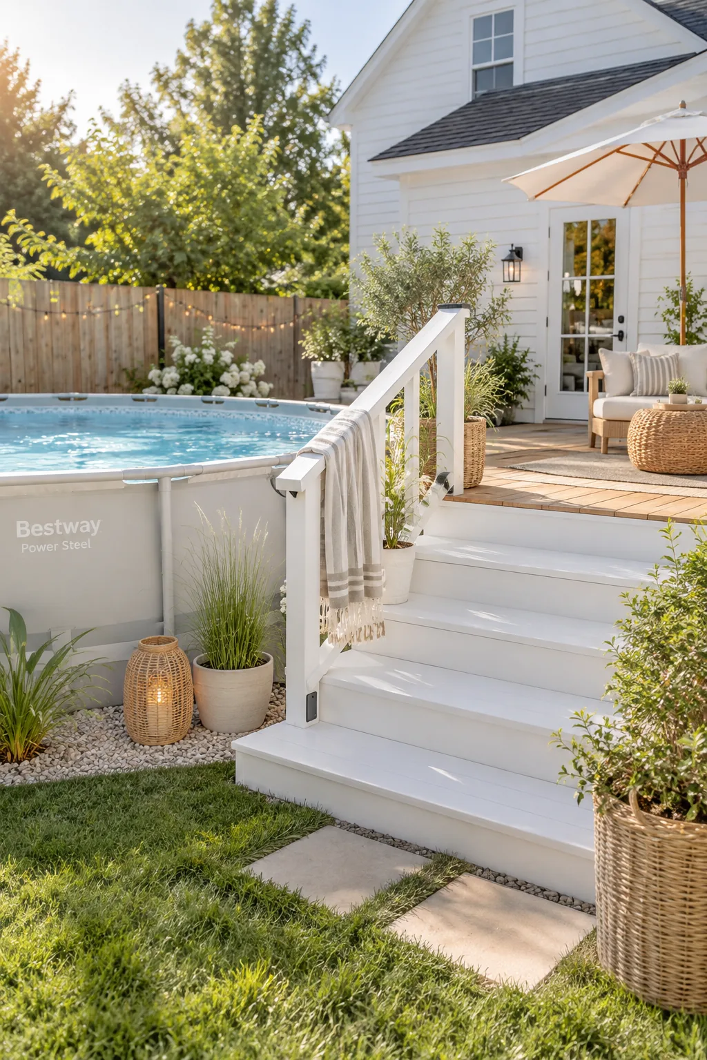 Crisp white custom wooden steps leading up to an above ground pool