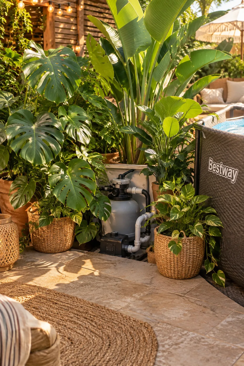 Large potted tropical plants hiding a pool pump and filter
