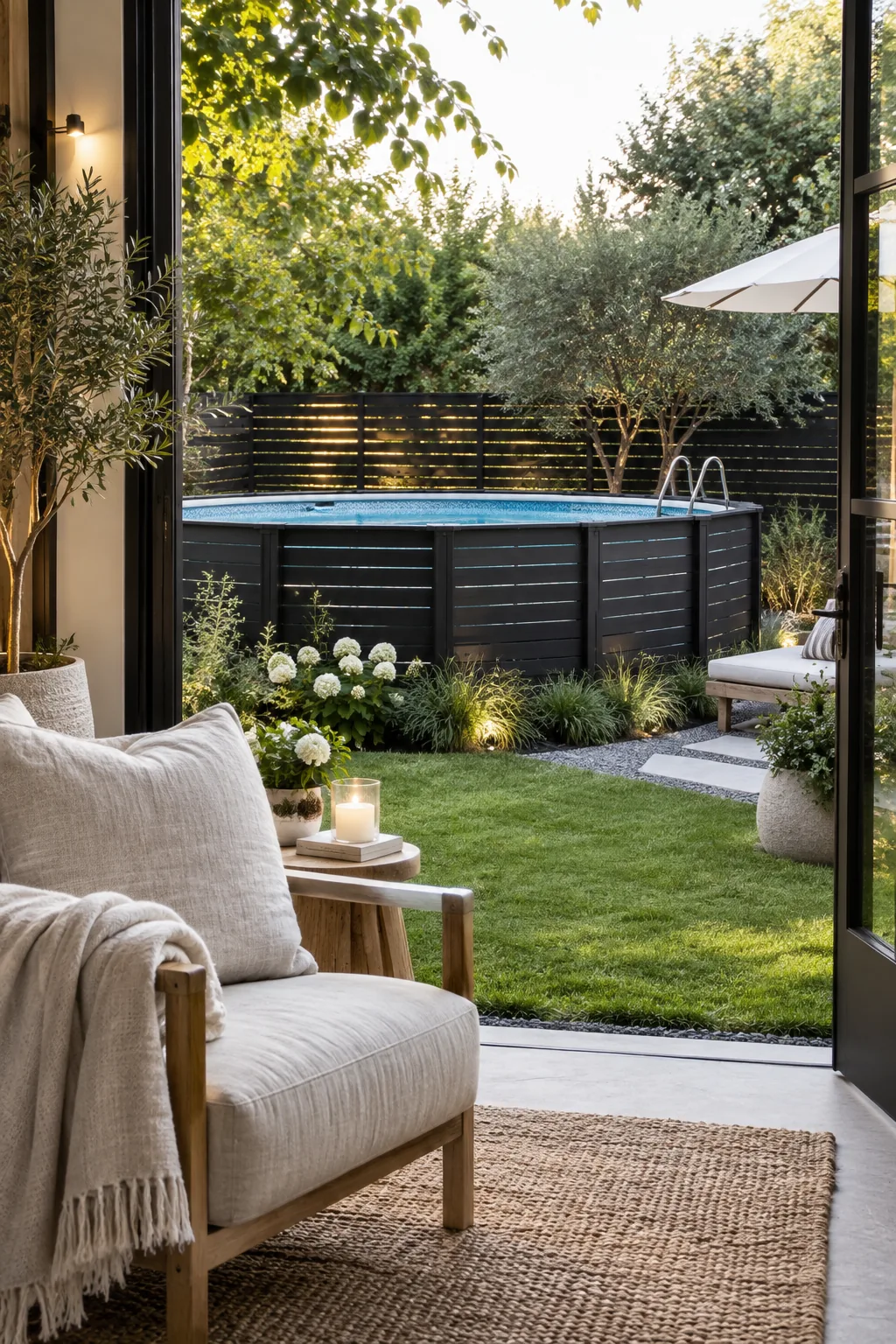 Matte black horizontal slatted wood panels enclosing an above ground pool