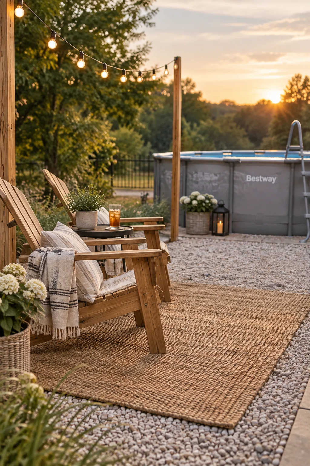 Gravel pad next to a pool with an outdoor rug, chairs, and string lights