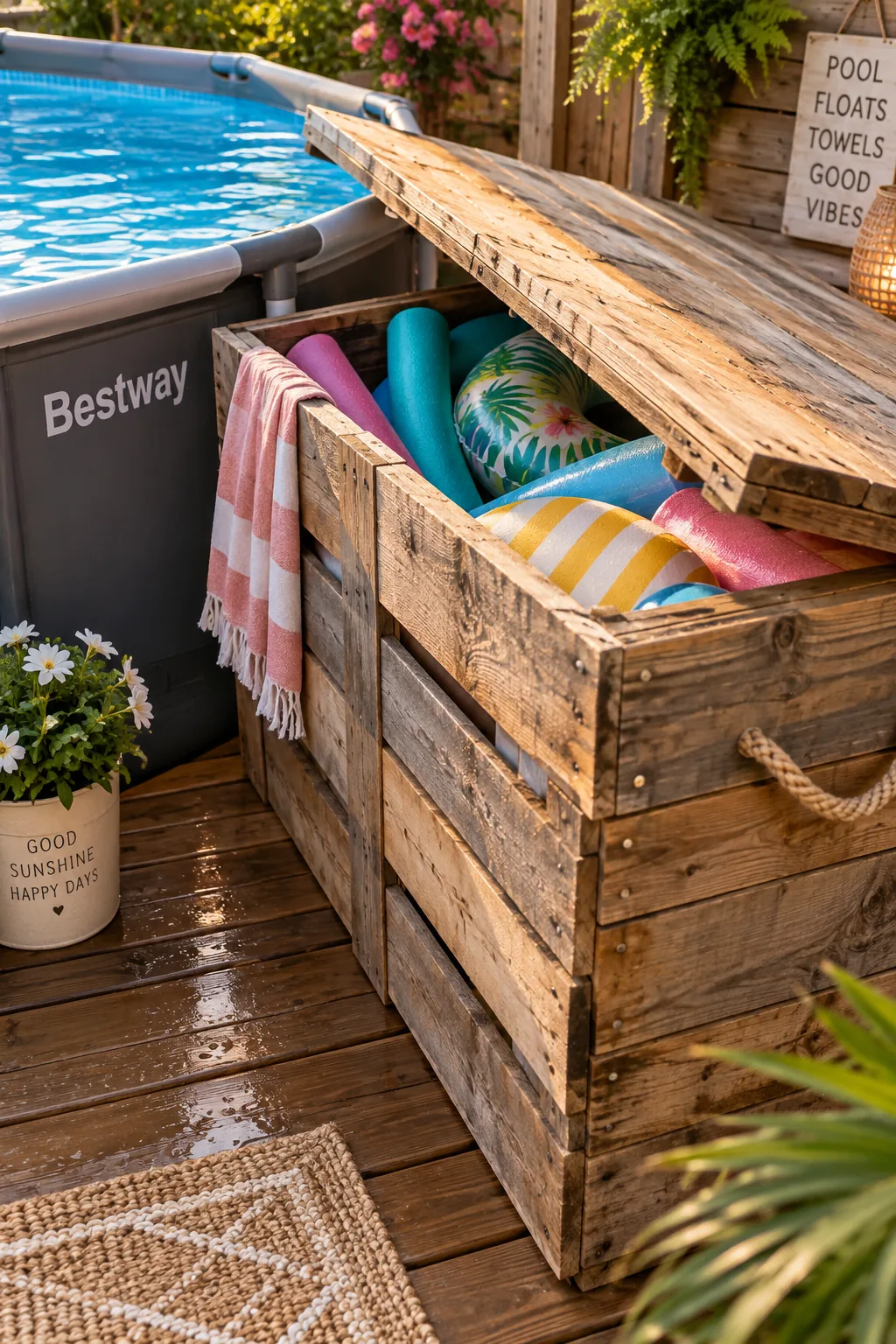 Wooden pallet storage box filled with pool noodles and floats