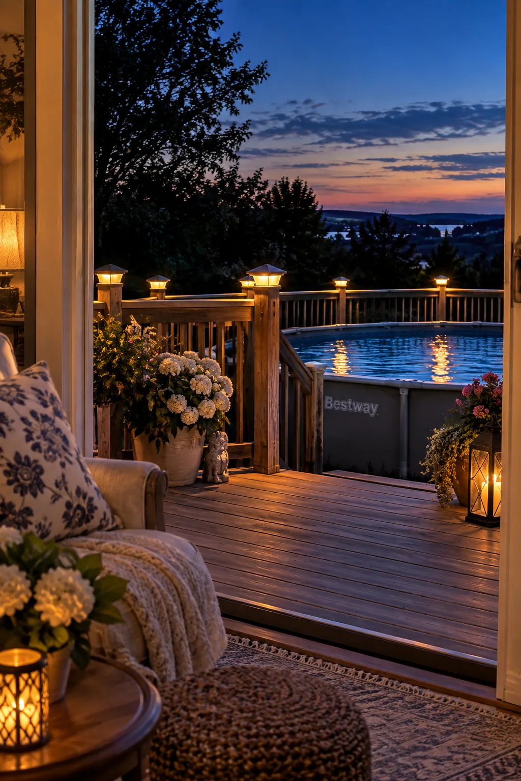 Deck railing around a pool illuminated by solar post cap lights at dusk