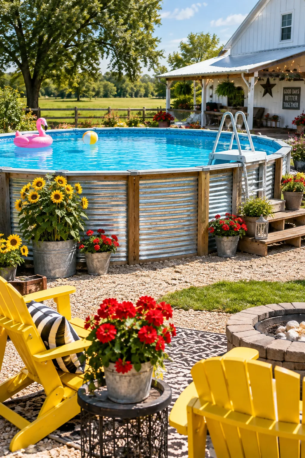 Above ground pool skirted in galvanized corrugated metal sheets