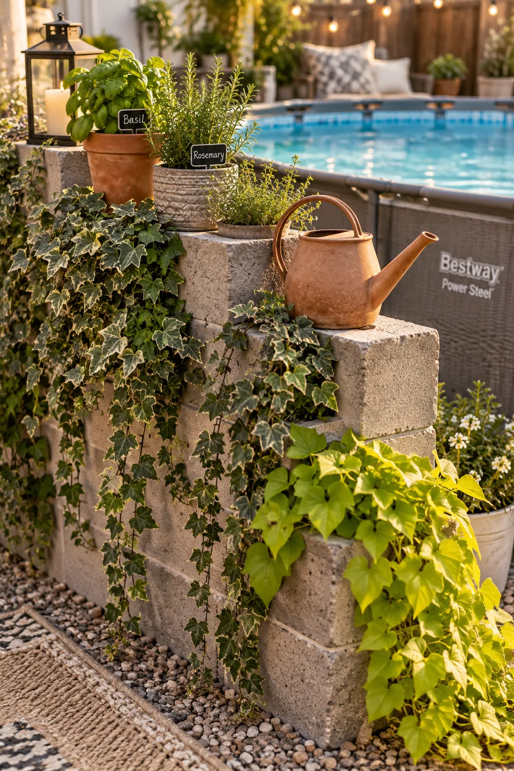 Stepped cinder block retaining wall planted with trailing vines next to a pool
