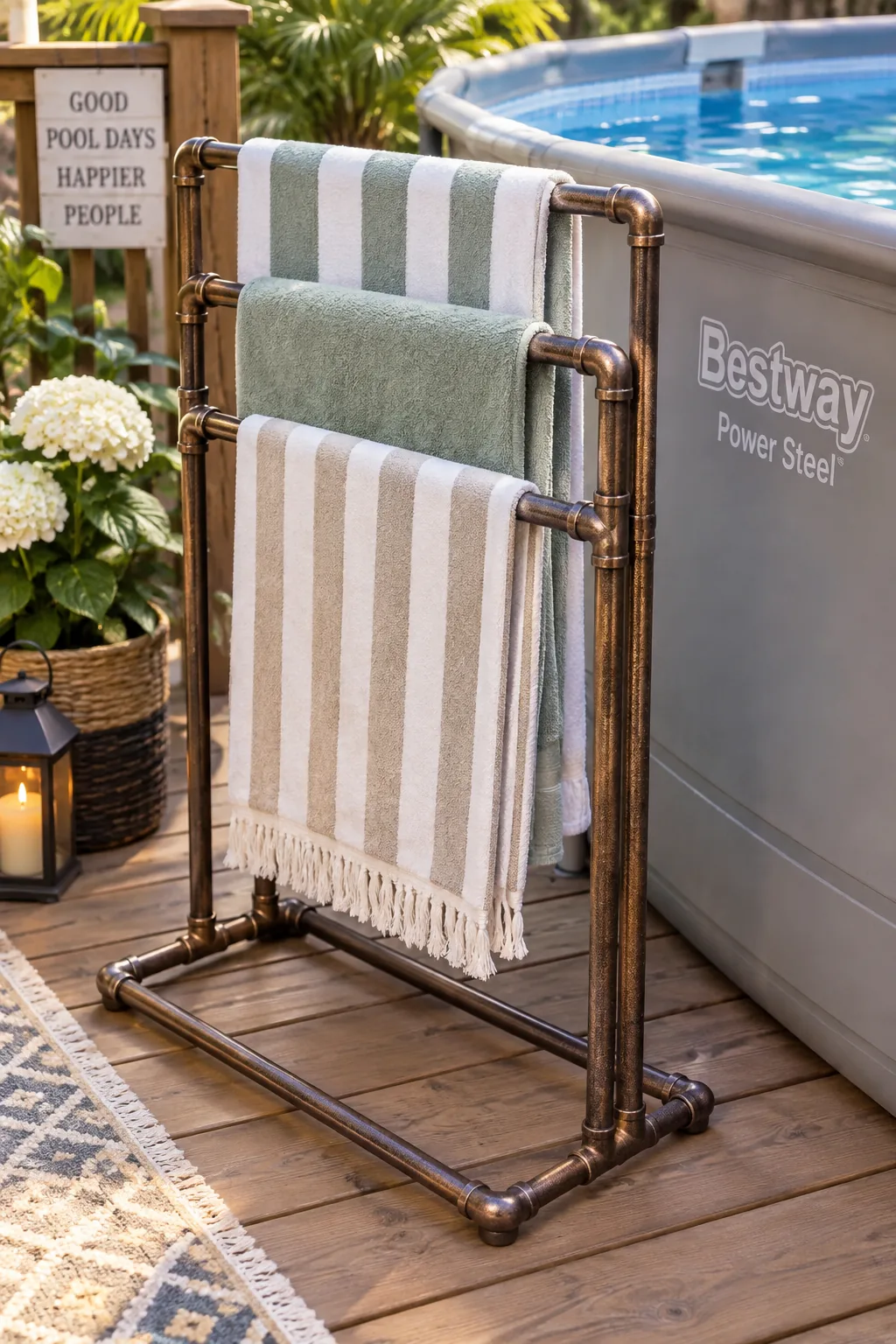 Bronze painted PVC towel rack holding colorful pool towels