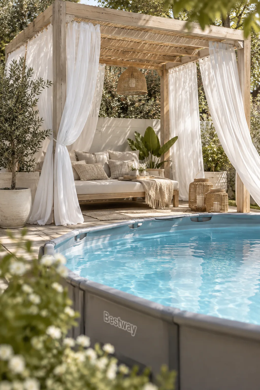 Freestanding wooden pergola draped with fabric over one end of an above ground pool