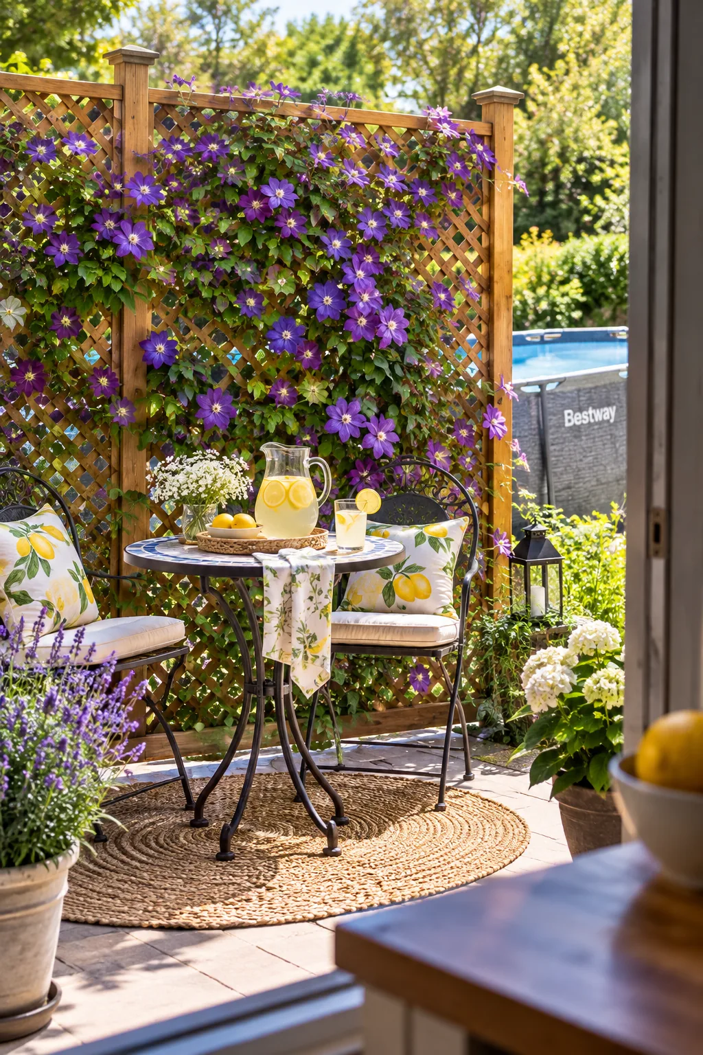 Wooden lattice screen covered in purple clematis vines hiding a pool