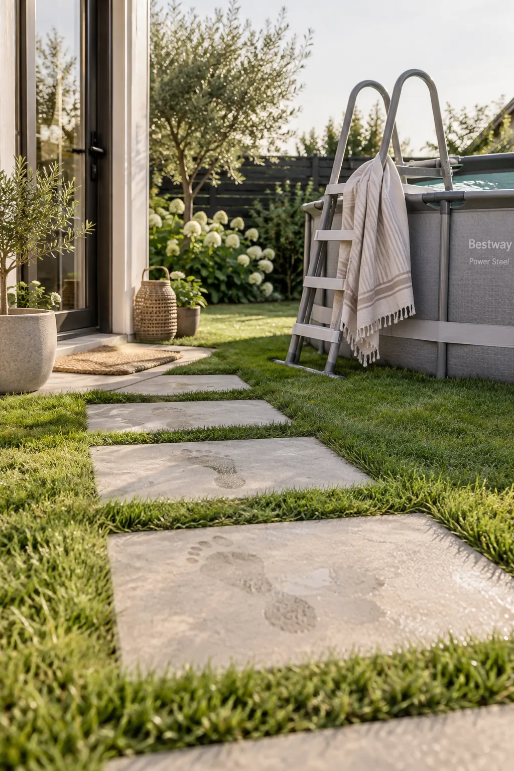 Concrete stepping stones sunk into the grass leading to a pool ladder