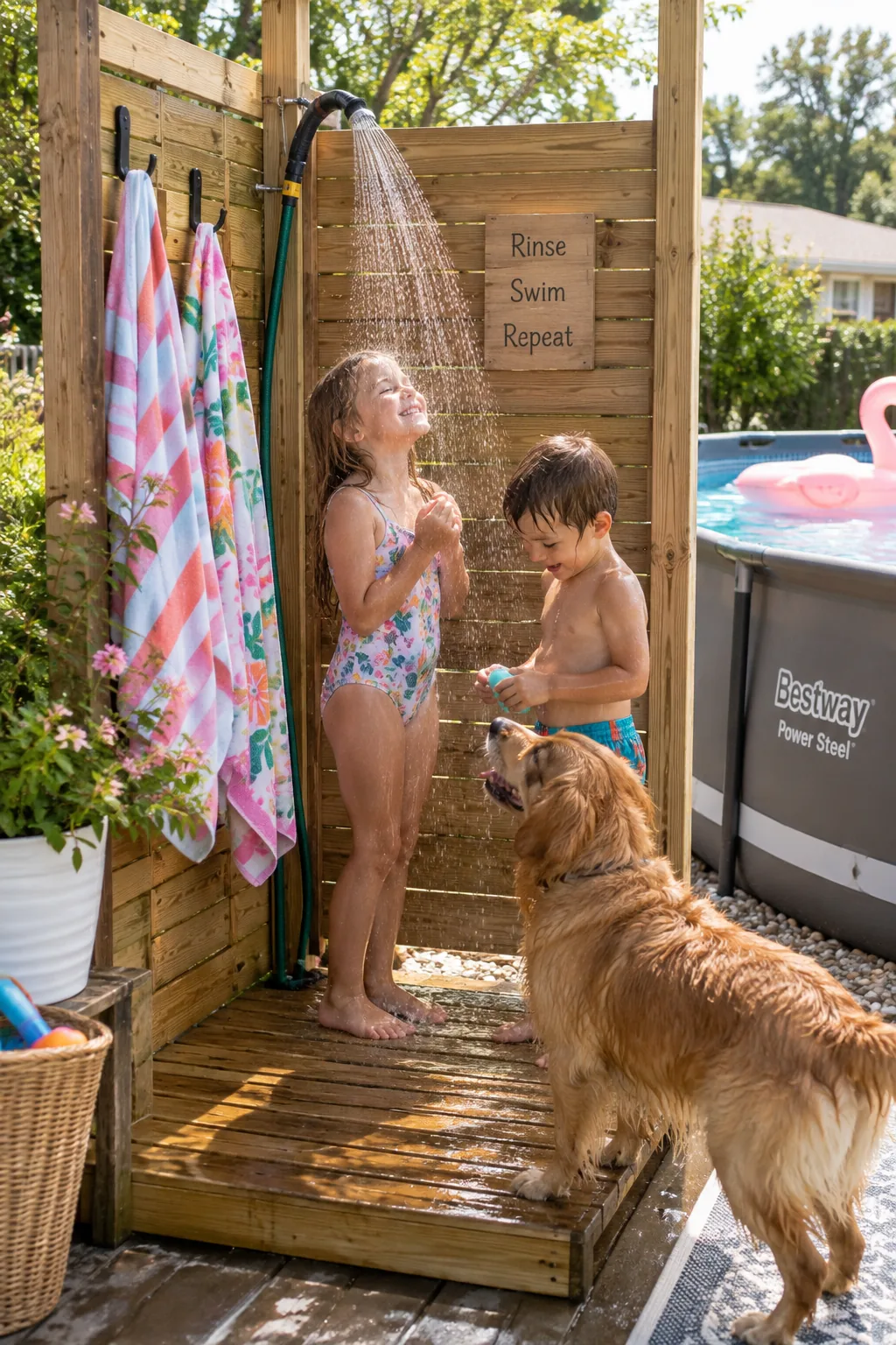 Small wooden outdoor shower station with a garden hose attachment next to a pool deck
