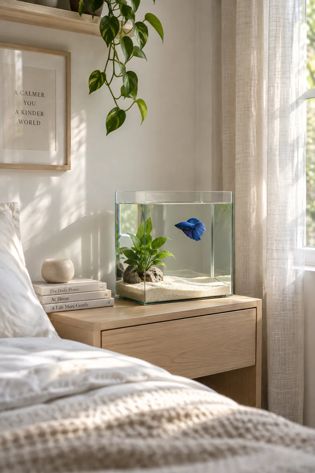 Rimless glass aquarium on a wooden desk.