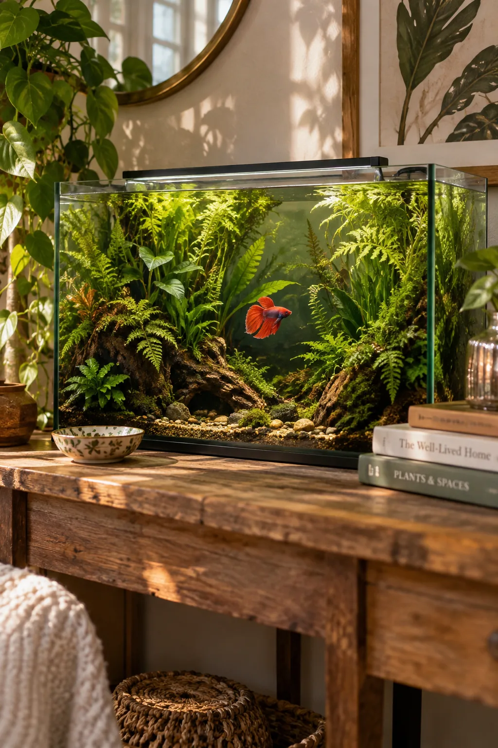 Betta fish swimming in a densely planted aquarium.