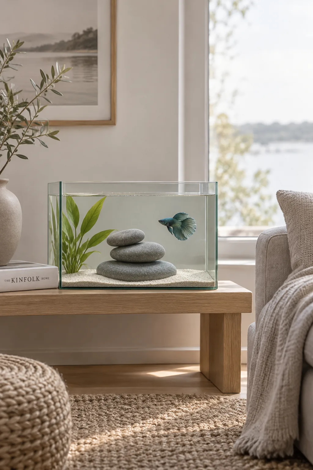 Three smooth river stones at the bottom of a fish tank.