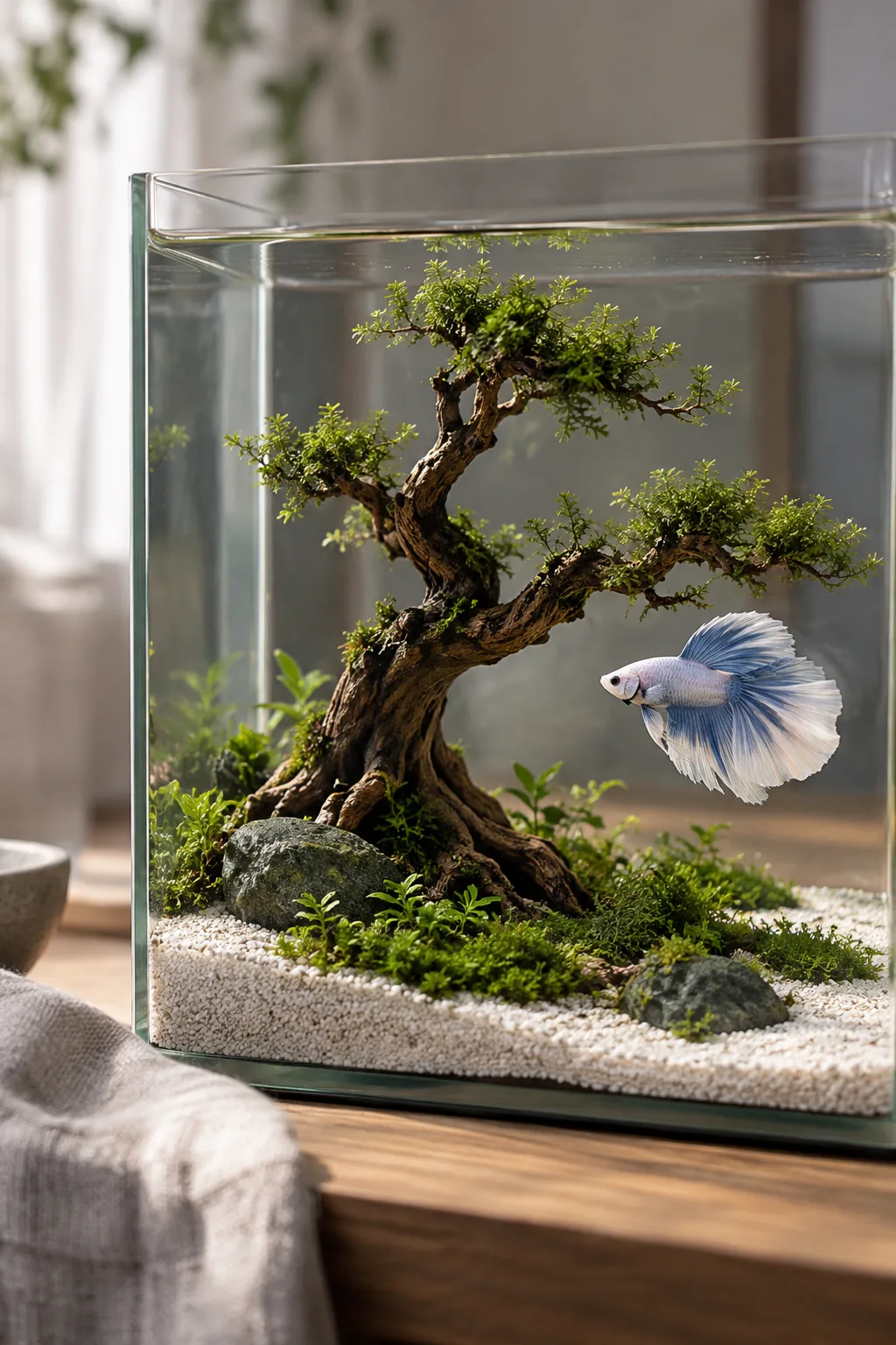 Minimalist fish tank with one bonsai driftwood tree.