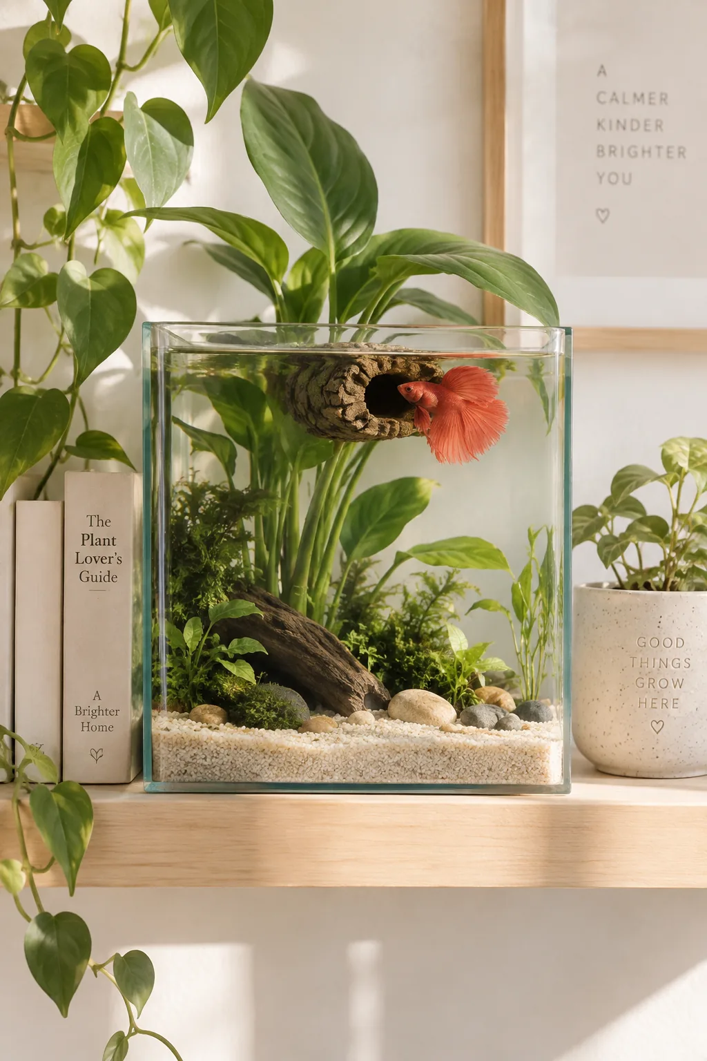 Floating log decor in a betta tank.