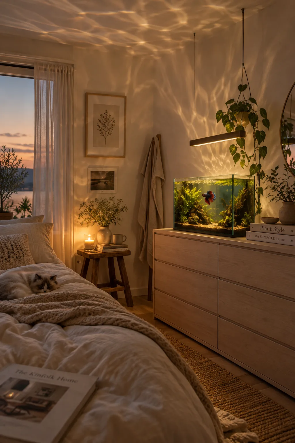Suspended LED plant light over a rimless tank.