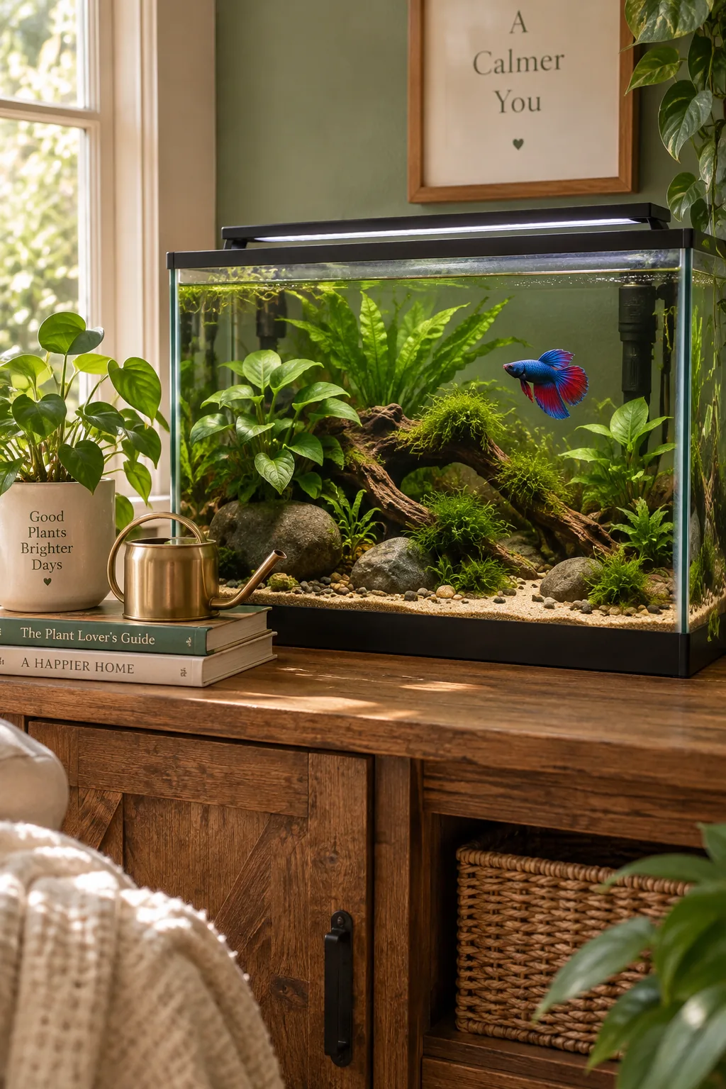 Close up of live Anubias plants in an aquarium.