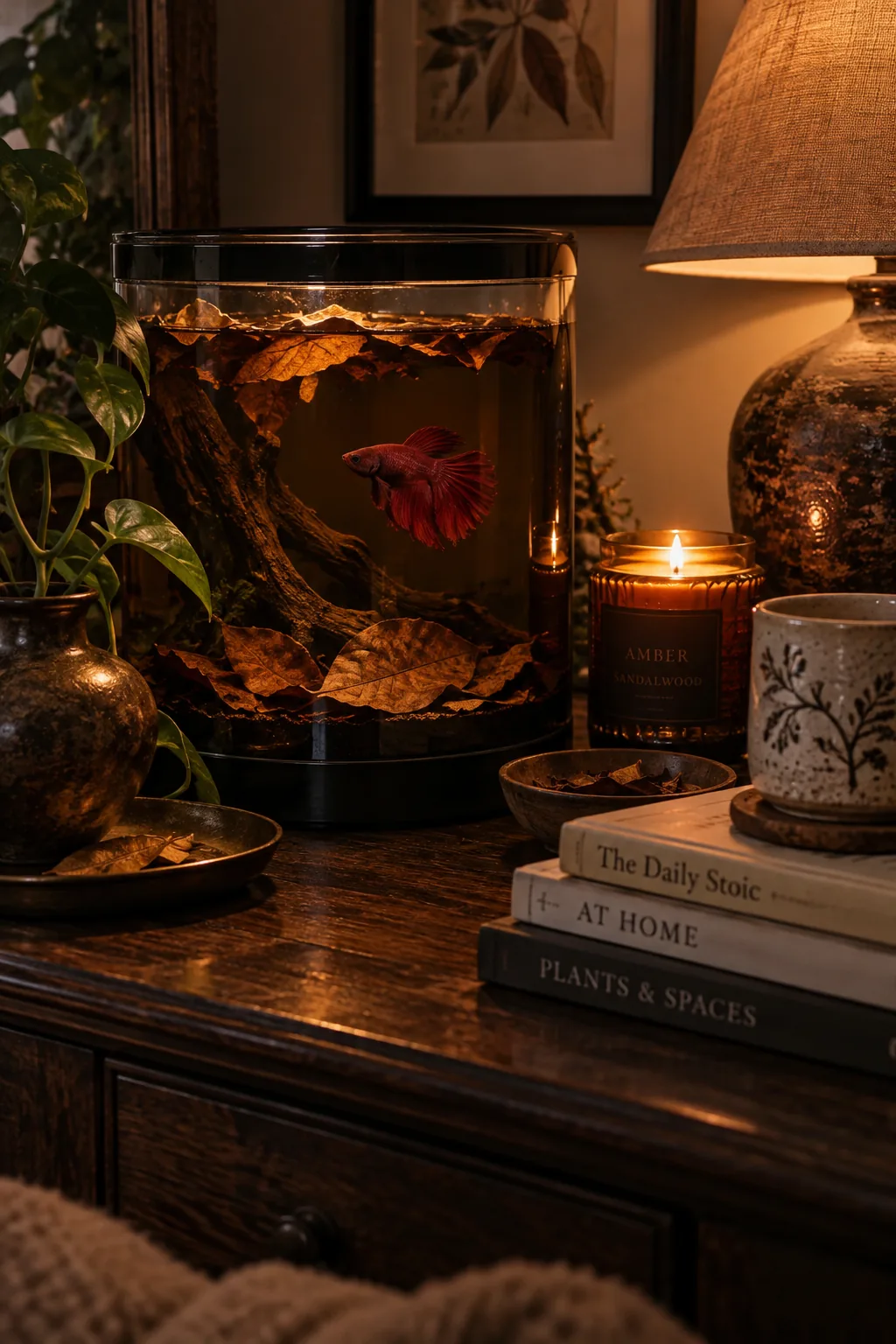 Amber tinted aquarium water with almond leaves.