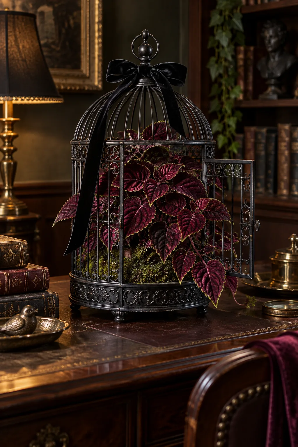 Matte black birdcage planter containing a dark burgundy coleus plant on a mahogany desk.