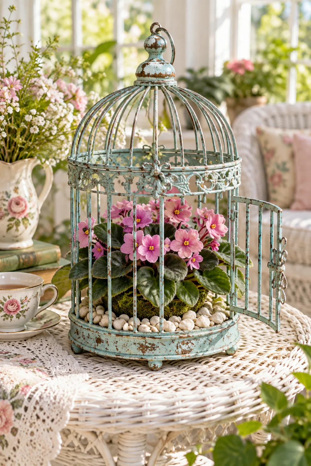 Distressed teal birdcage planter with blooming pink African violets on a wicker table.
