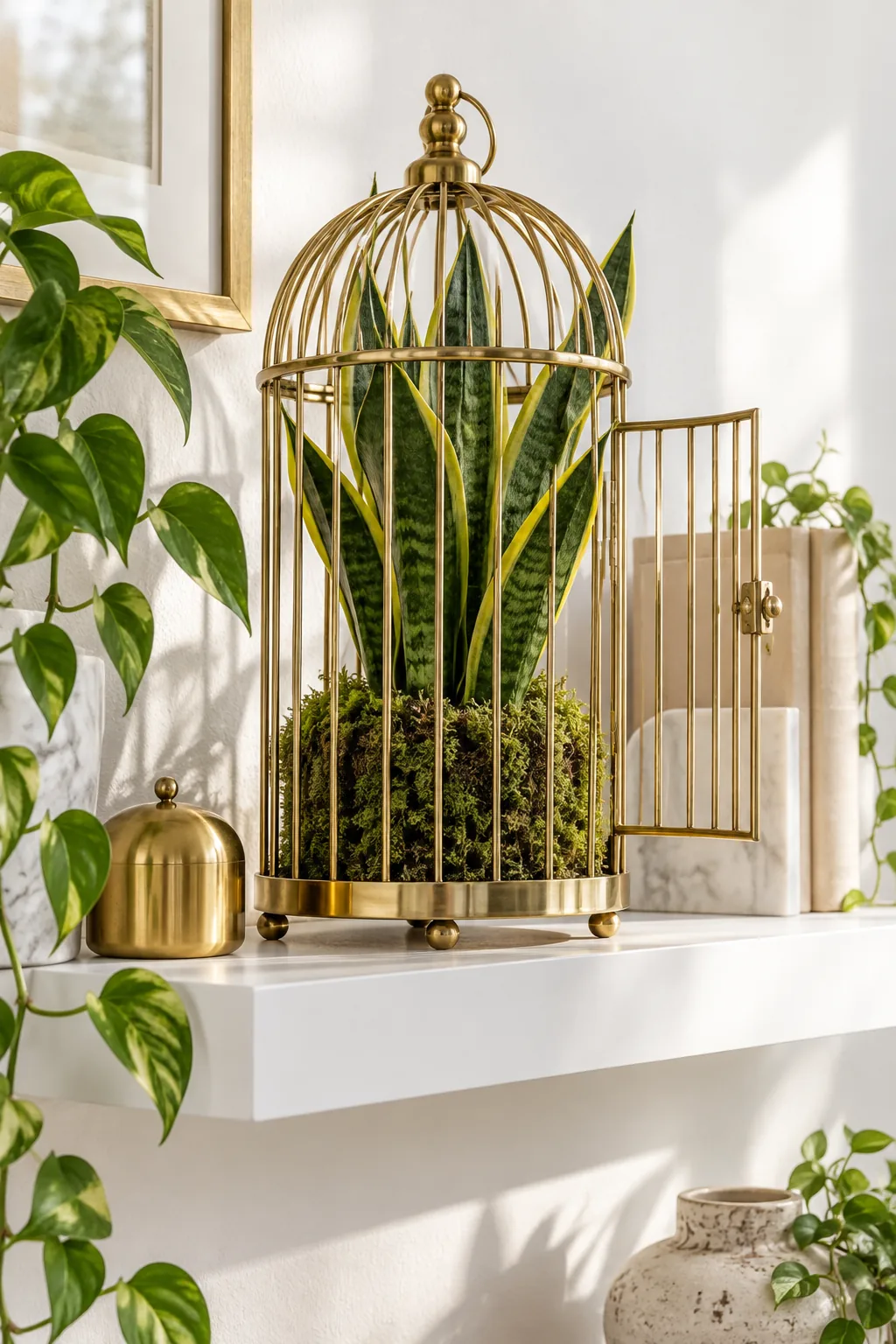 Polished brass birdcage containing a structural snake plant on a white floating shelf.