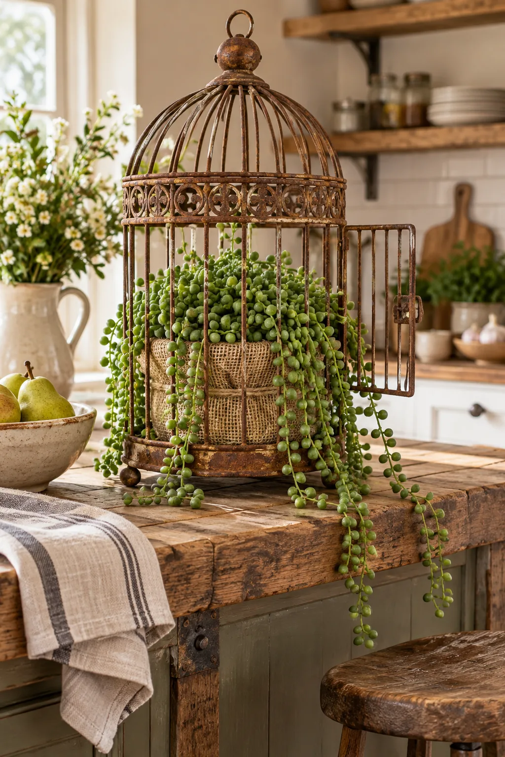 Rusted iron birdcage with a trailing string of pearls plant on a wooden island.