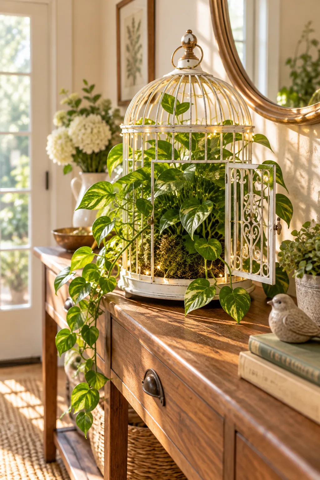 Open door of a white wire birdcage showing a green pothos plant sitting comfortably inside.
