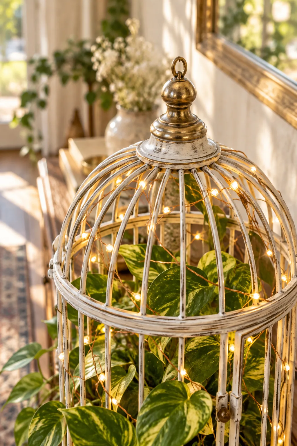 Close-up of a birdcage dome painted matte white with brass undertones showing through.