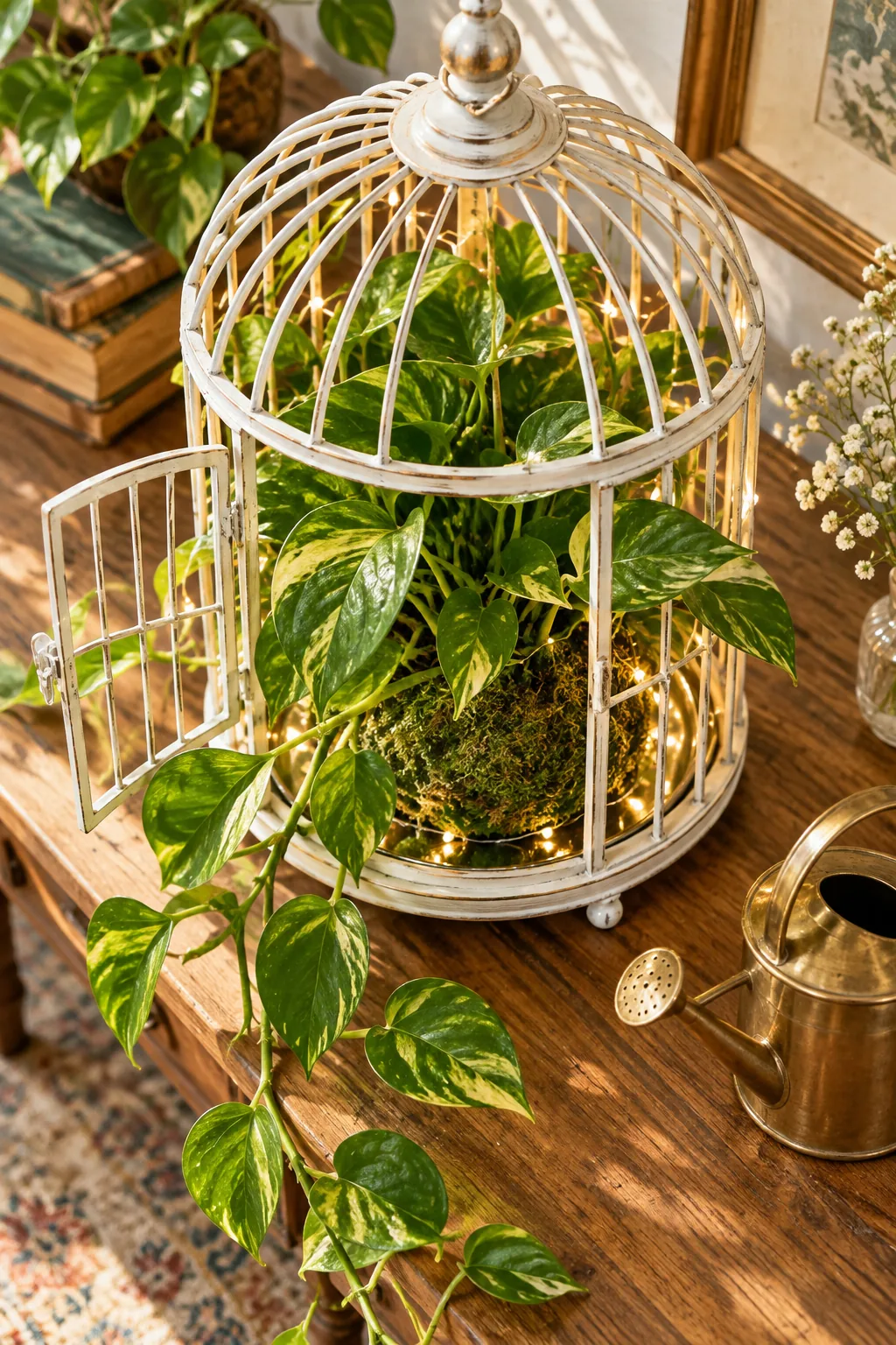 Base of a plant inside a birdcage wrapped entirely in green sheet moss.