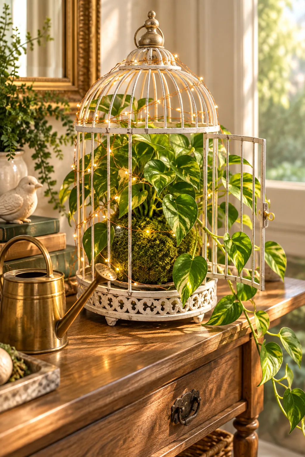 Moss-wrapped plant sitting unattached inside an open birdcage next to a watering can.