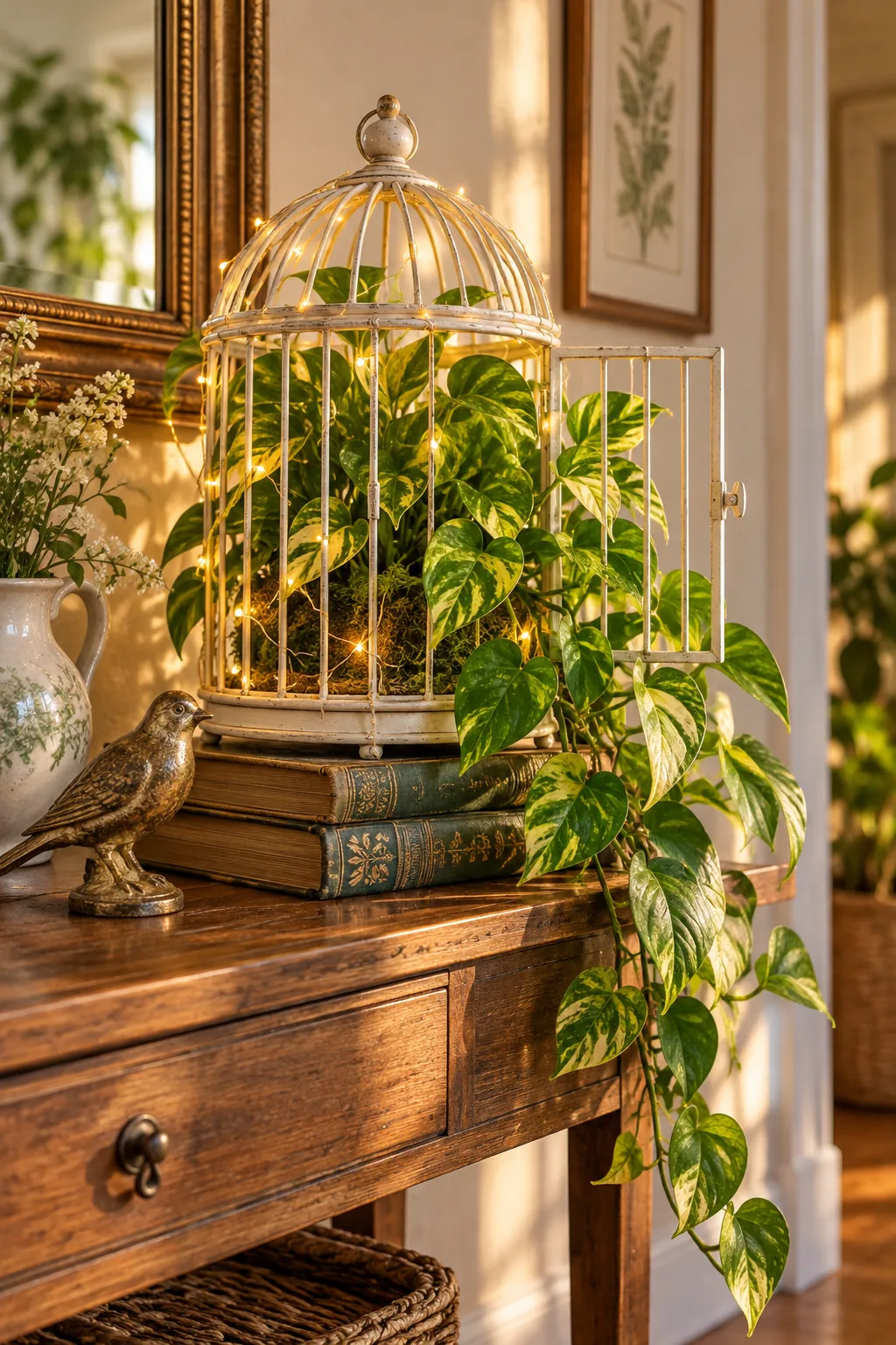 White birdcage planter illuminated by tiny copper wire fairy lights wrapped around the bars.
