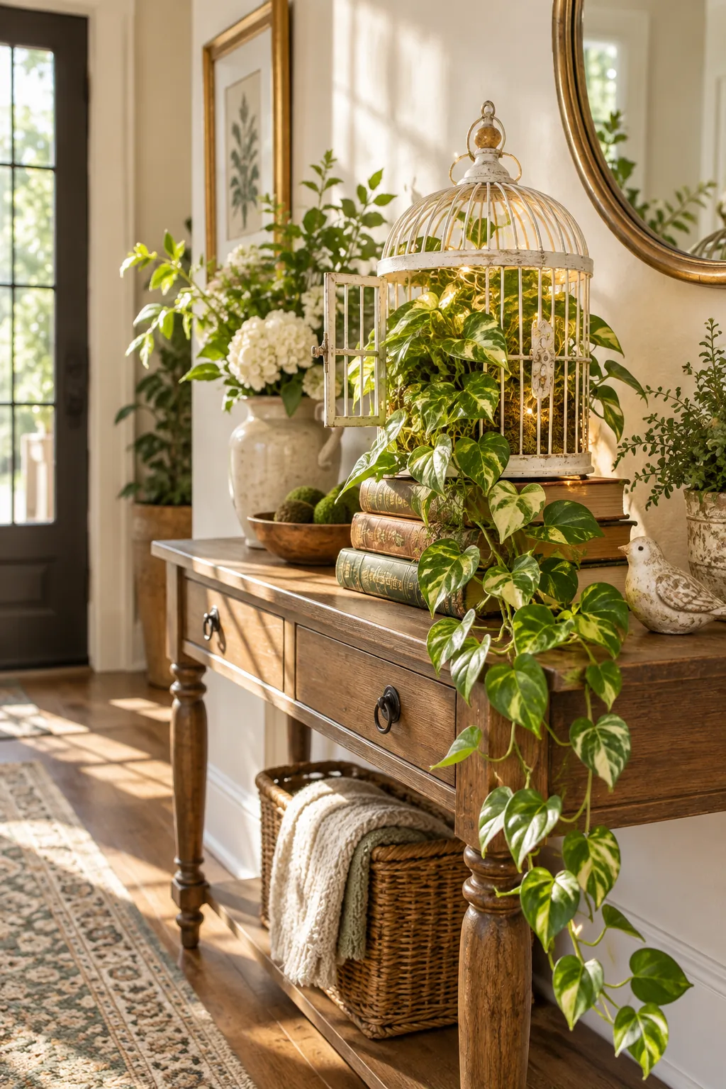 Pothos vines trailing out of a white birdcage and cascading over stacked books.