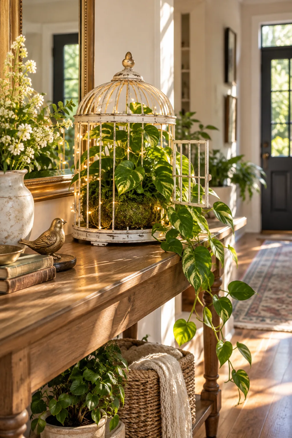 Finished white birdcage planter with trailing vines and fairy lights on an entryway table.