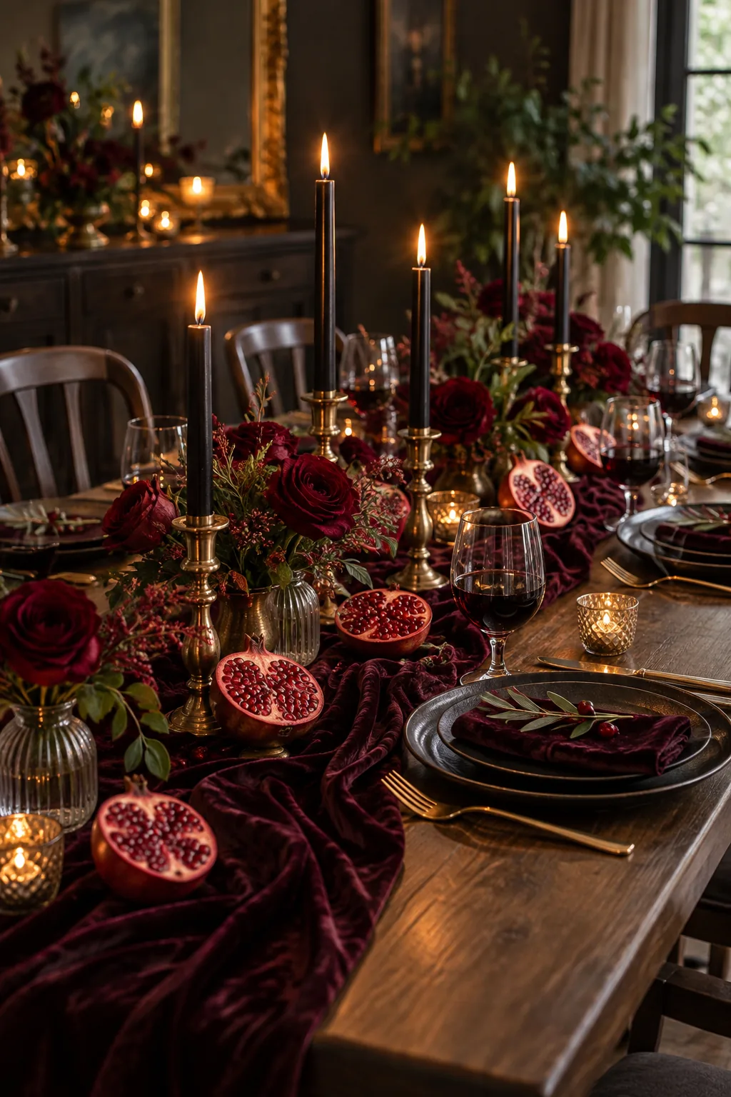 A dark, moody dining table decorated with pomegranates, red roses, and black candles on a velvet runner.