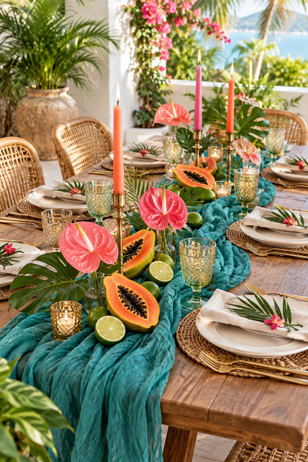 A bright patio table decorated with halved papayas, limes, and pink flowers on a teal runner.