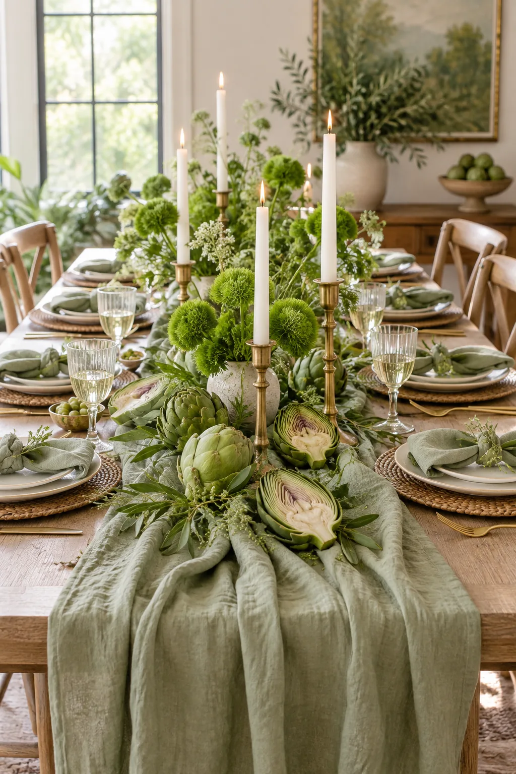 A green-themed table setting with halved artichokes, green flowers, and white candles on a sage runner.