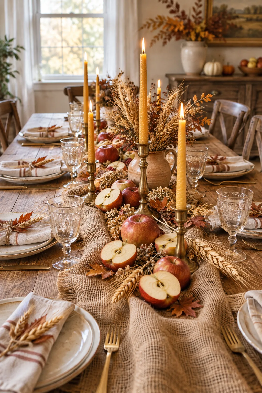 An autumn table setting with halved apples, dried wheat, and beeswax candles on a burlap runner.