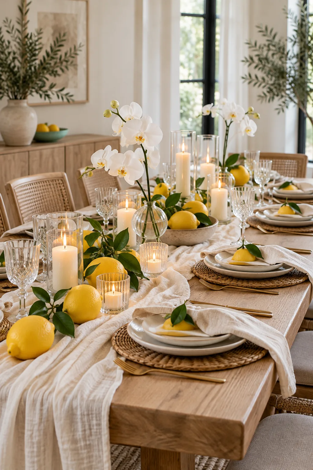 A minimalist bare wood table decorated with whole lemons, white orchids, and clear glass candle holders.