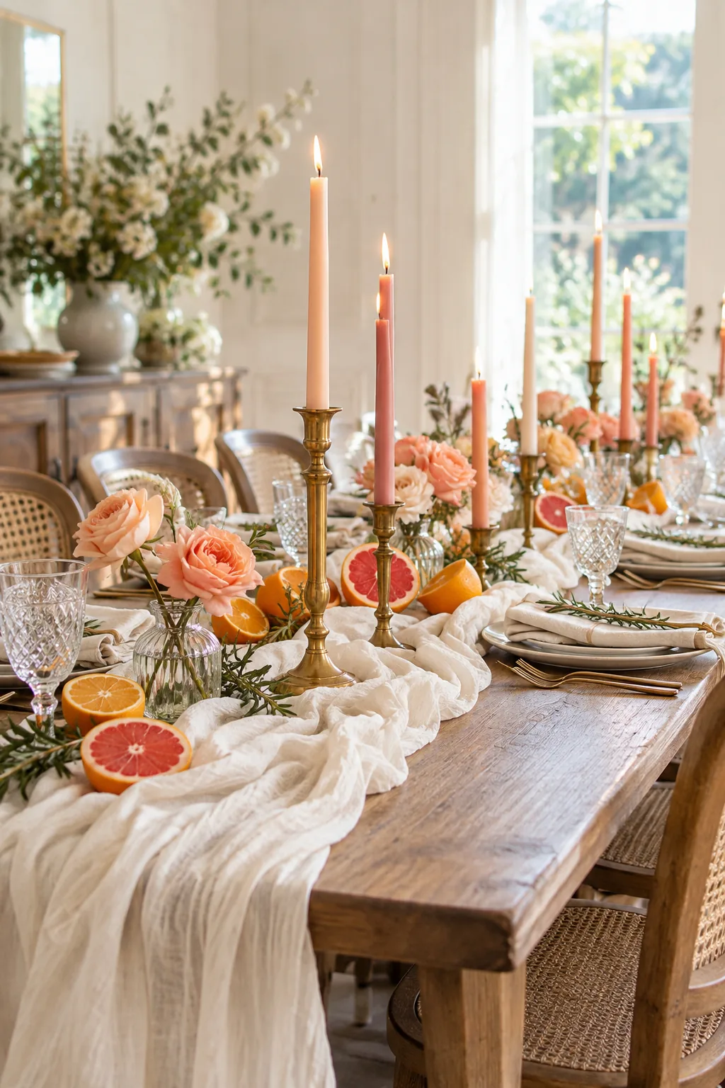 A close view of a white unironed muslin fabric runner bunched up along the center of a dining table.