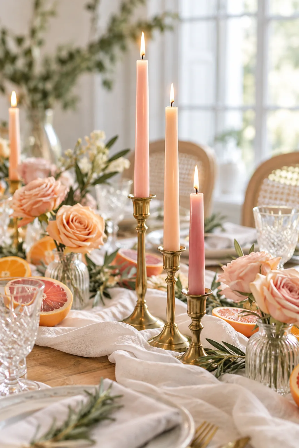 Three brass candlesticks holding pink and peach taper candles of different heights on a table runner.