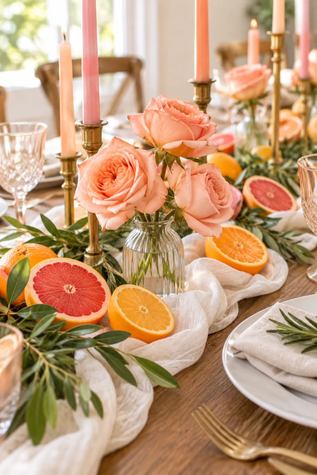 An overhead view of halved grapefruits and oranges nestled into a white fabric table runner.