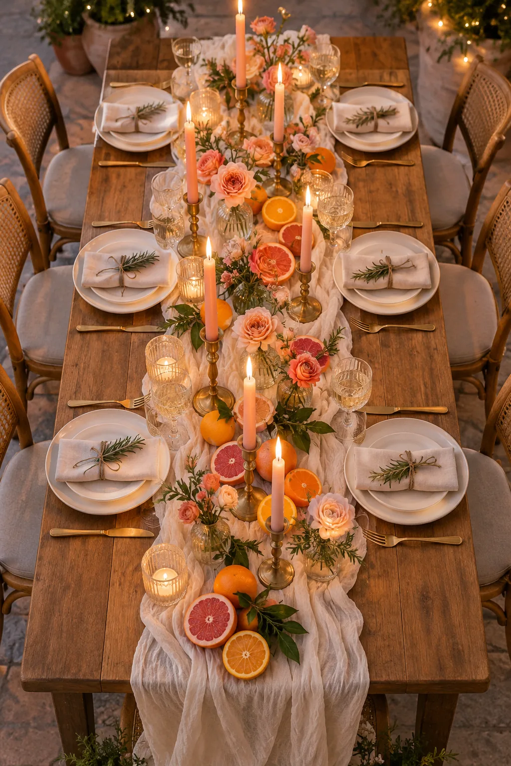 A fully decorated dining table illuminated by glowing taper candles in the early evening.
