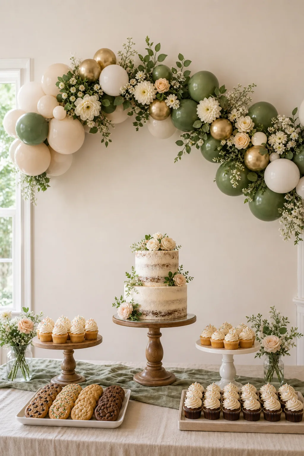 A balloon and floral garland hanging on a wall above an empty wooden cake stand.