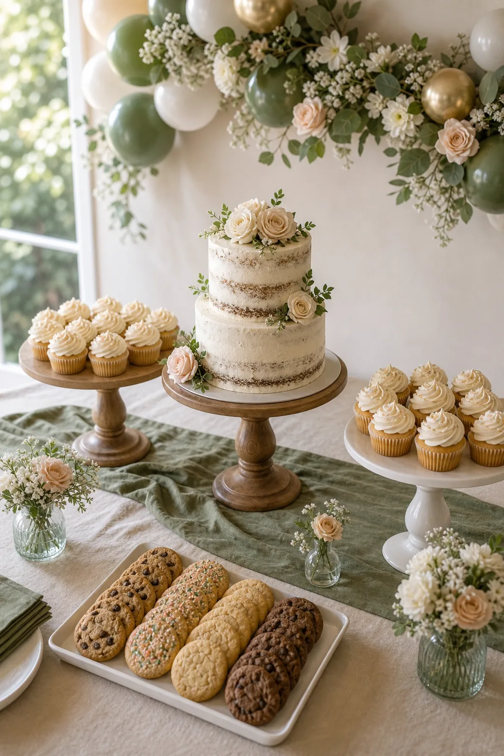 A dessert table arrangement with a tall central cake and lower side stands forming a triangle.