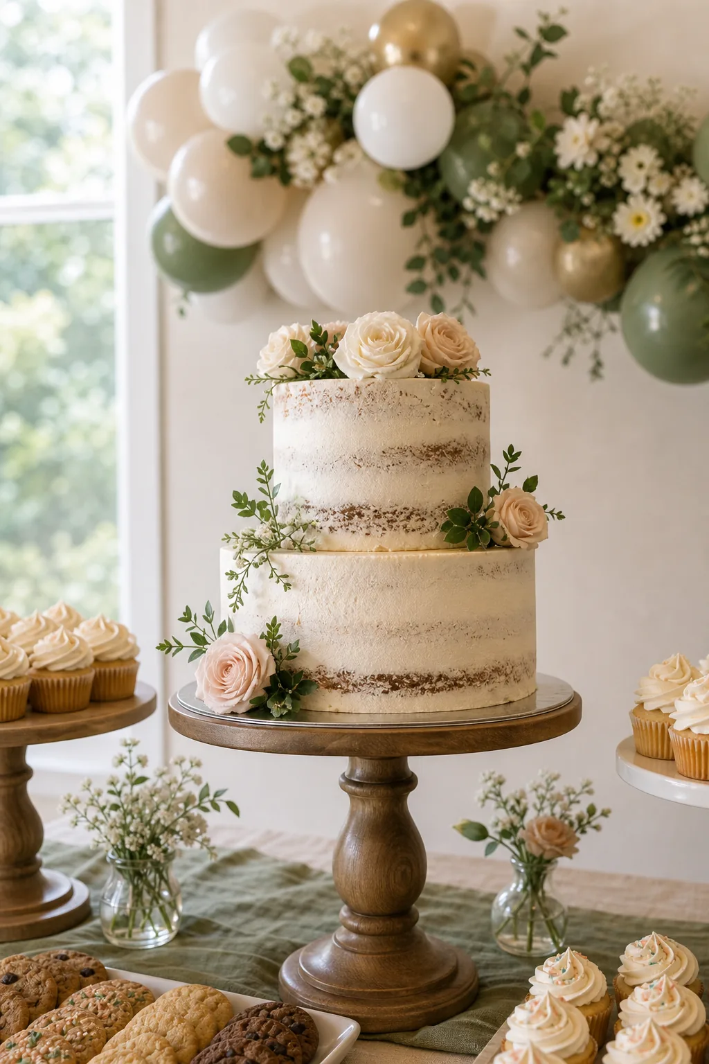 A two-tier naked cake decorated with light pink roses on a wooden pedestal stand.