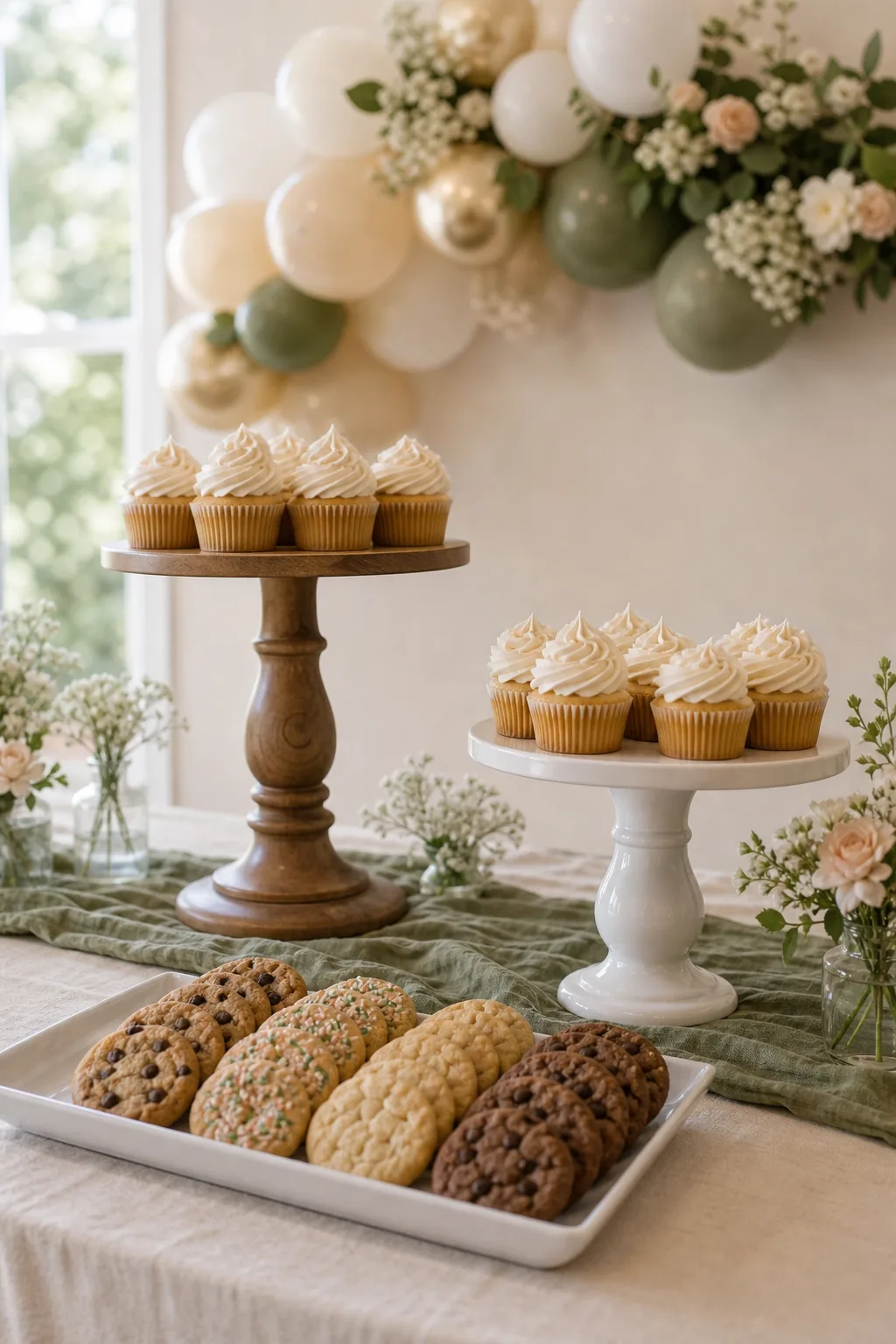 A tall wooden cake stand placed next to a shorter white ceramic cake stand.