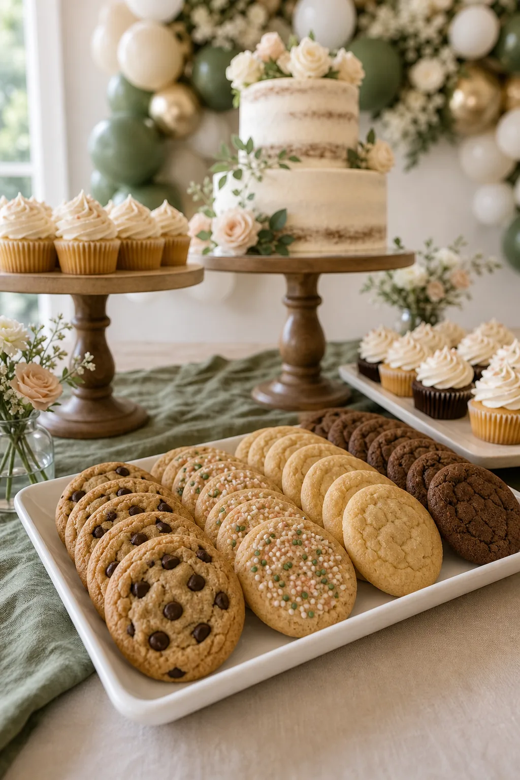 A rectangular white tray filled with cookies sitting at the front edge of a table covered with a green runner.