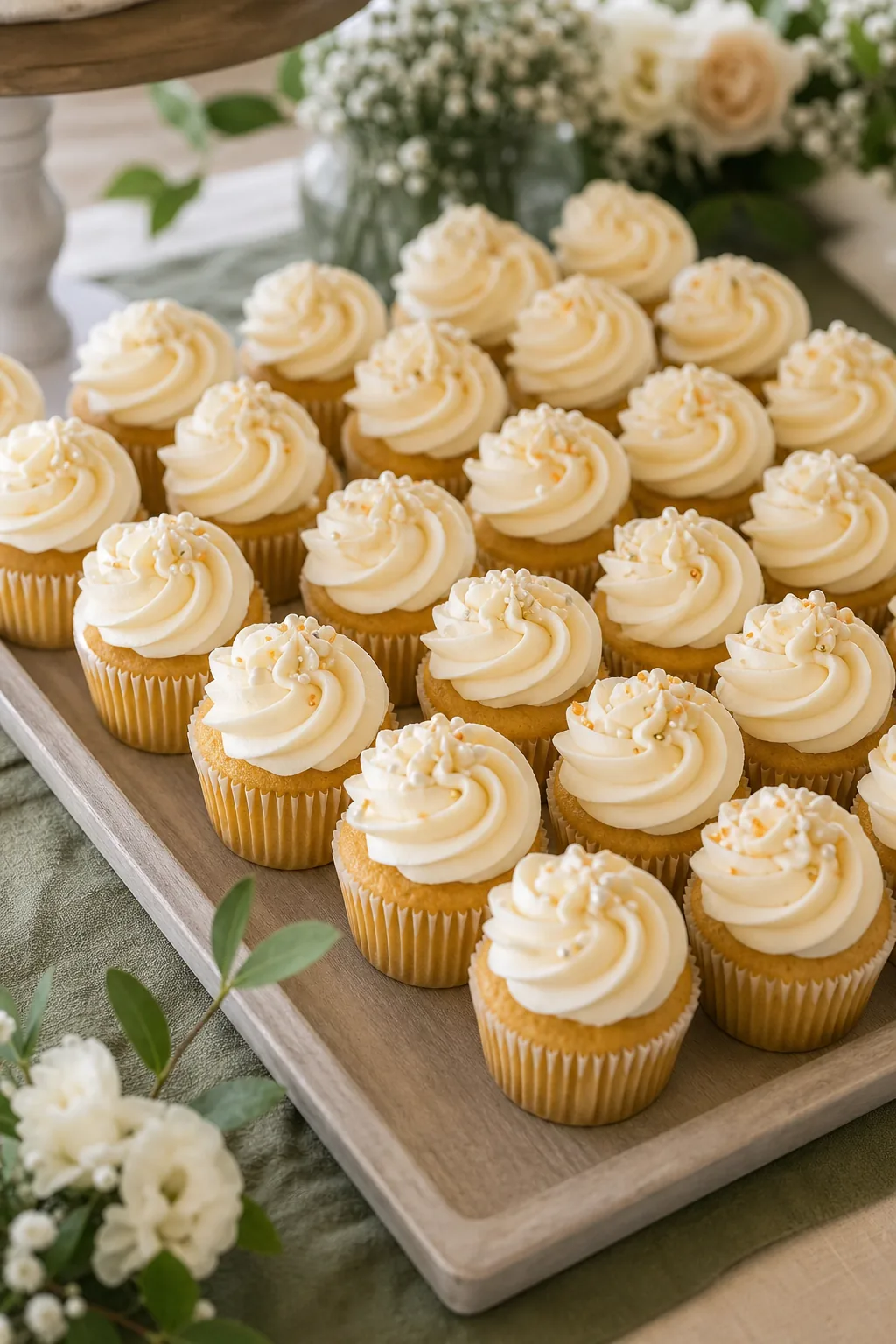 A dense tray packed tightly with vanilla cupcakes topped with white frosting.